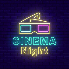 Cinema night neon banner on brick wall background
