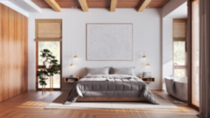 Blurred background, modern wooden bedroom with bathtub. Double bed, freestanding bathtub and parquet floor. Japandi interior design