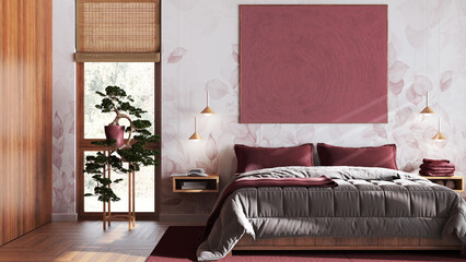 Bohemian wooden bedroom in white and red tones, close up. Double bed, pine bonsai, parquet floor and wallpaper. Japandi interior design