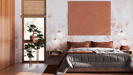 Bohemian wooden bedroom in white and orange tones, close up. Double bed, pine bonsai, parquet floor and wallpaper. Japandi interior design