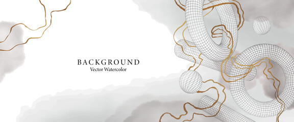 Fototapeta na wymiar Gray and white 3d abstract background with vector watercolor paint brush and gold line art. Luxury modern Illustration of shapes composition for prints, wall art, decor, cover, invitation cards.