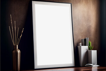 Mockup vertical frame brown textured wall study desktop home interior. Generative AI 3D render