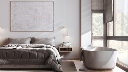 Minimalist bleached wooden bedroom with bathtub in white and beige tones, close up. Double bed and...