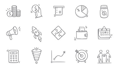 Business doodle icon. Finance, money, investment hand drawn sketch style icon. Money, coin, financial symbol comic doodle drawn collection. Vector illustration