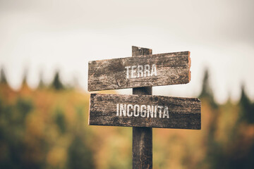 vintage and rustic wooden signpost with the weathered text quote terra incognita, outdoors in...