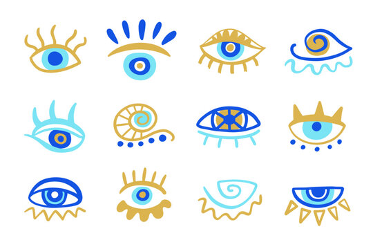 Blue Evil eyes set. Hand drawn elements
