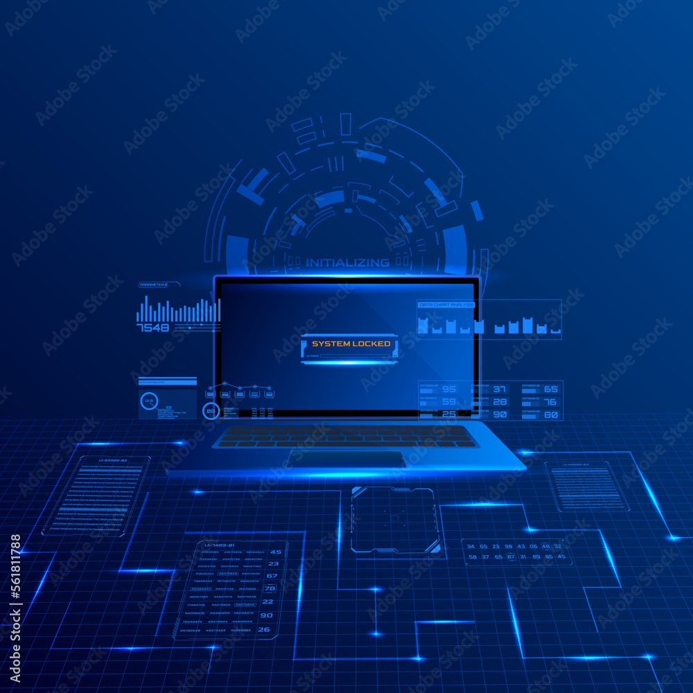 Aufkleber Technology digital data system report with hud interface display. Blue scifi laptop for transfer UI information concept vector.