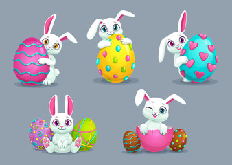 Cute cartoon white bunnies with colored eggs.