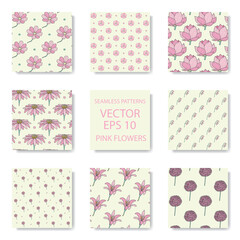 Collection of seamless pattern pink flower line doodle hand drawing abstract isolated on yellow background