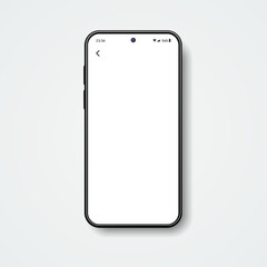 Realistic smartphone mockup with blank screen for aaplication design. Mobile phone display template isolated on white background with transparent shadow. Realistic vector 3d illustration.