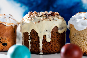 Close-up of a cake with a white chocolate. Easter dinner. Orthodox Holiday
