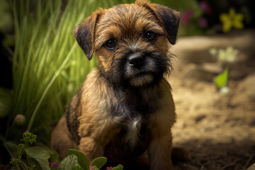 Border Terrier puppy playing in the garden, cute dogs, Generative AI