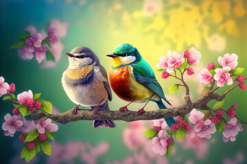 beautiful little birds are sitting next to each other on a branch in a Sunny spring Park and chirping merrily. Generative AI