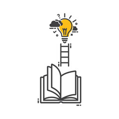 Open book with lightbulb, concept new knowledge. A book with a ladder leading to a light bulb, icon, vector, sticker, symbol.