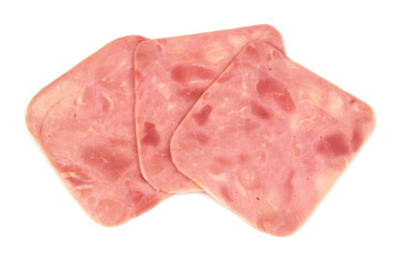 Few ham slices isolated on white background.	