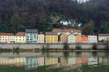 The Danube with its colorful houses on the banks of Passau, Germany