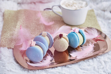  Aesthetic delicate handmade macaroons background. Sweet food dessert. Gift for Women day, Mothers Day