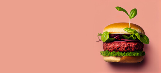 Isolated vegan burger with copyspace. Alternative, alt protein, plant based food. Vegan-friendly, environment friendly. Veganuary. Climate-friendly eating. Eat less meat. Healthy eating. Generative AI - obrazy, fototapety, plakaty