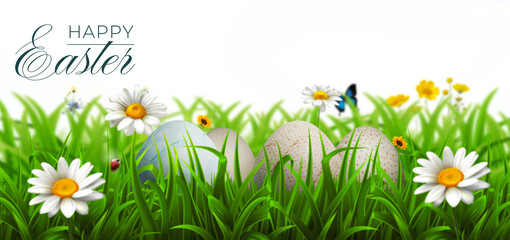 Fototapeta na wymiar Happy Easter. Congratulatory easter background. Easter eggs and flowers.