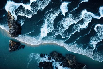 Fotobehang Blauwgroen Spectacular drone photo, top view of seascape ocean wave crashing rocky cliff with sunset at the horizon as background. Beautiful coastal scenic landscape with turquoise water beating rocky boulder.