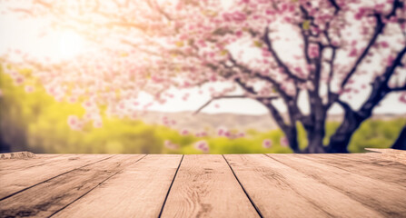 Naklejka na ściany i meble Empty wood table top and blurred sakura flower tree in garden background, for display or montage your products. 
