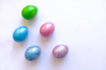 Happy Easter. Frame for text made of easter eggs trendy colored classic blue, white and green. Minimal style