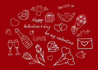 Doodle set white elements valentines day line art style. Vector illustration. Icons and inscriptions
