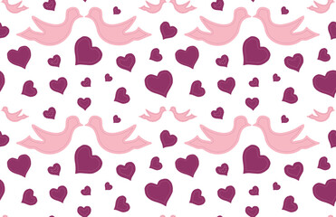 Obraz na płótnie Canvas Seamless pattern with Pigeons in love, hearts. Doodle style with dotted lines. Vector illustration