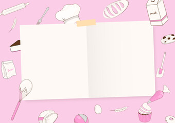Note paper and bakery on pink background