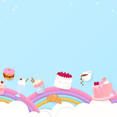 Dessert with rainbow and cloud background