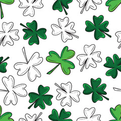 Seamless pattern with green clover isolated on white background. Hand drawn vector silhouette sketch illustration in doodle engraved vintage outline style. St. Patrick's day, lucky, botanical, plant.