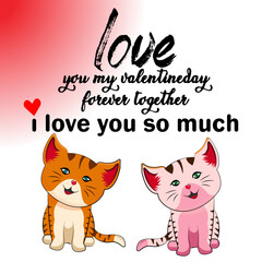 Naklejka premium cat with heart valentine's day forever together I love you so much with 2 cats