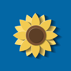 Sunflower on blue background. Yellow flower in paper cut style. Origami, 3d effect. Vector illustration.