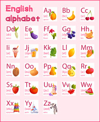 English alphabet with set of vector illustrations of cute fruits, vegetables and animals. Assistance in teaching and educating kindergarten children. Words letters abc to z.