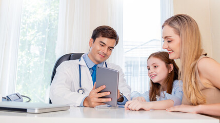Caucasian doctor having conversation with little girl mother parent patient, holding ipad gadget in...