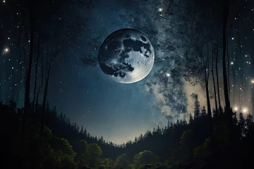 Washable wall murals Full moon and trees a view of the moon and stars. Generative AI