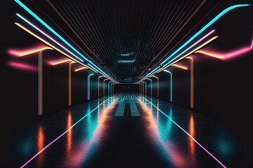 Neon rays and lines on the background wall. Neon lit airport, parking, and empty, black corridor in the background. Background that is abstract with lines and shine. the reflection of neon lights in w