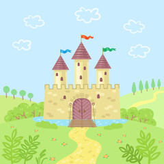 Obraz na płótnie Canvas Landscape with a medieval fortress. The ancient castle stands in the middle of nature. Fairytale decoration. In cartoon style. Vector flat illustration