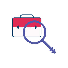 Magnifying glass with briefcase. Business concept with profit and marketing study and recruitment of new employees with career vector achievements