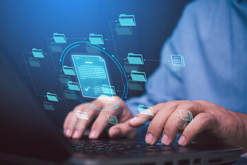 man hand point on data cloud document and files management system