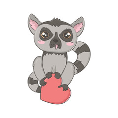Funny doodle lemur sits on top of a big heart like on a branch