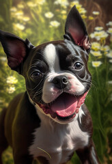 Boston Terrier puppy playing in the garden, cute dogs, Generative AI