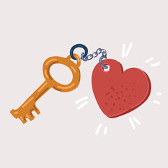 Vector illustration of Gold keychain with heart symbol. Key. The idea of Valentine's Day.