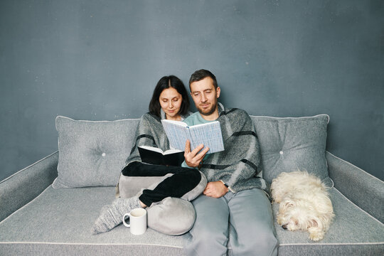 Smiling young couple reading books together on couch under plaid at home