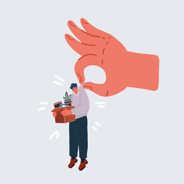 Vector illustration of Dismissal employee. Fired sad male office worker carrying box, Unemployment and Jobless concept. Big hand hold pitfull man