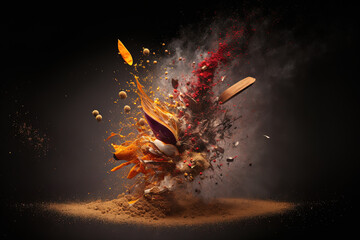 Explosion of spices against a dark background. Generative AI - obrazy, fototapety, plakaty
