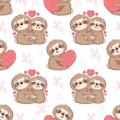 Seamless pattern with cute sloths for Valentine's Day in cartoon style for kids, children's books and games, print.