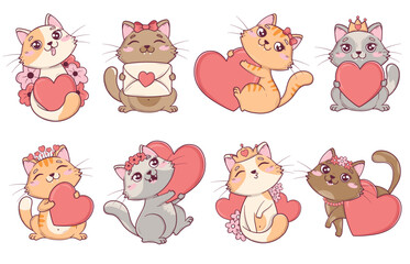Bundle of kawaii cute valentine cats in different poses with hearts and flowers