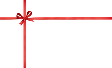 A large red ribbon bow on the left of a long straight piece of ribbon and a vertical piece to be used as a border for a birthday or Christmas banner, border isolated against a transparent background