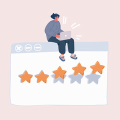 Vector illustration of woman with laptop are giving review rating and feedback. Customer choice. Rank stars feedback in browser windows